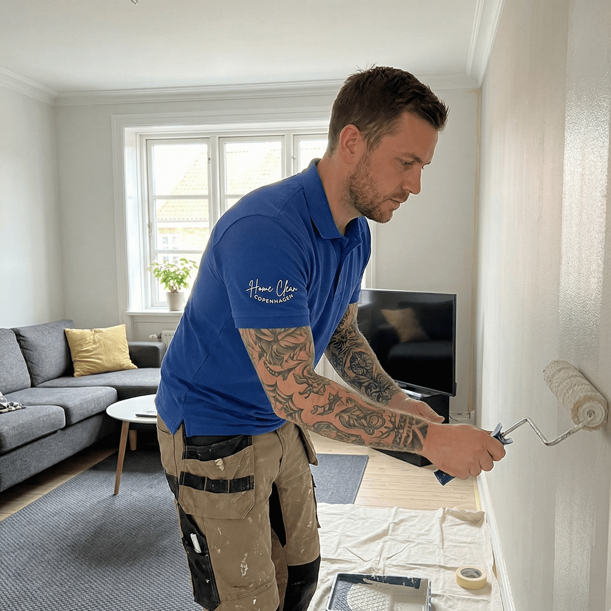 Maler fra Home Clean Copenhagen maler væg i erhvervslejemål i København